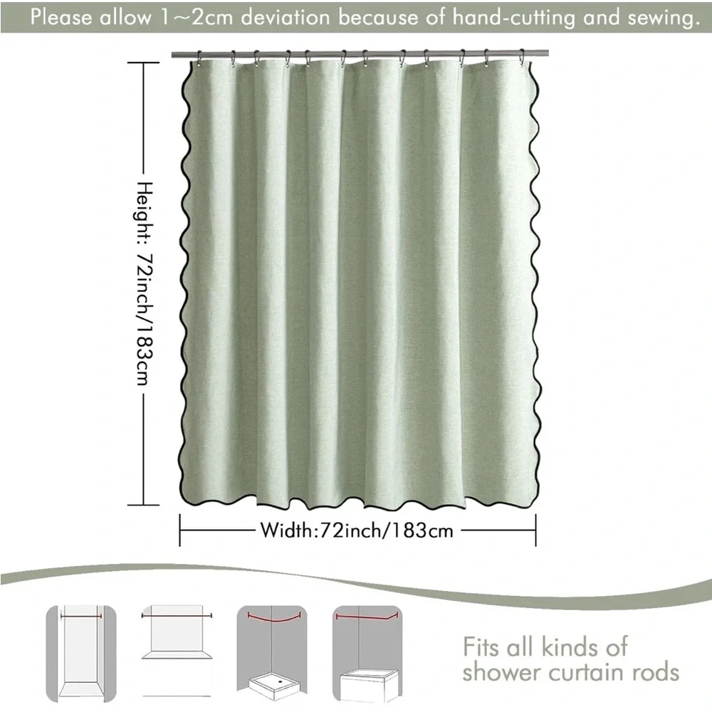 Sage Green Shower Curtain Linen with 12 Metal Hooks Black Scalloped Border